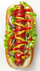 Wall Mural - Hot dog with vegetables and condiments on white background. Fast food and snack concept