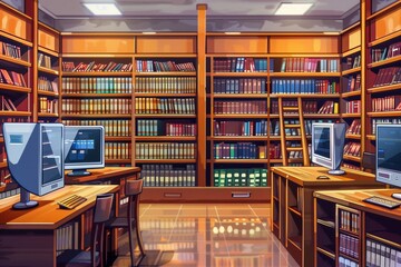 Fototapete - A brightly lit, modern student library with numerous bookshelves and computers. Generative AI