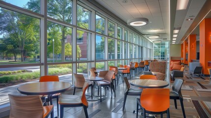 Poster - A bright and modern student lounge with dining tables and comfortable seating areas, ideal for studying, socializing, or simply relaxing. Generative AI