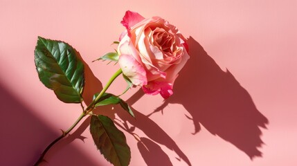 Wall Mural - Pink background with rosebud casting sun shadow from top view