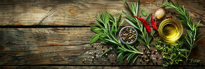 Aufkleber - Close-up shot of various Mediterranean herbs and spices, including rosemary, thyme, oregano, and olive oil, arranged on a rustic wooden surface. Generative AI