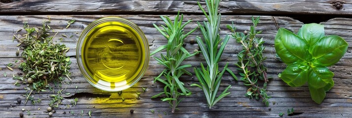 Poster - A bowl of olive oil and sprigs of rosemary, thyme, oregano, and basil arranged on a weathered wooden surface. Generative AI