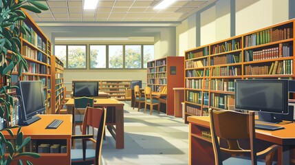 Leinwandbilder - A bright and airy student library with rows of bookshelves filled with books and computers for student use. Generative AI
