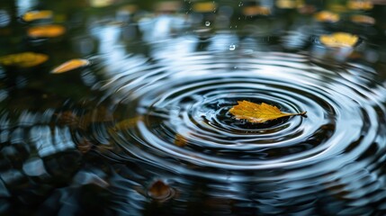 A shimmering droplet forming ripples in a tranquil pond, with a small leaf floating.