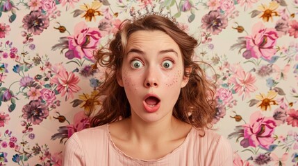 A surprised young woman with a fairy tiara, standing against a floral wallpaper background.