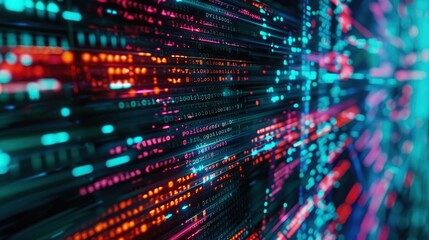 Computer code on digital screen with bright and dynamic abstract elements, futuristic matrix theme.