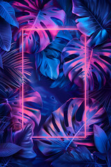 Wall Mural - Electric blue neon frame among tropical leaves in the dark