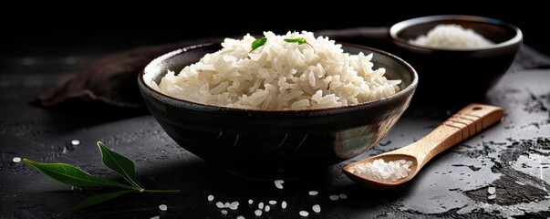 Wall Mural - Bowl of cooked white rice with green leaves and wooden spoon on dark rustic background, close-up. Culinary concept