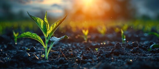 Canvas Print - Green Sprout Emerging from Rich Soil at Sunset