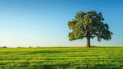 Poster - Lush green field under a clear blue sky with a single majestic oak tree in the foreground, creating a serene and balanced landscape. Great as a background or web banner.