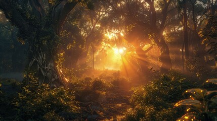 Poster - The sun rising behind a dense forest, its rays illuminating the edges of dark, ancient trees and awakening the forest wildlife.