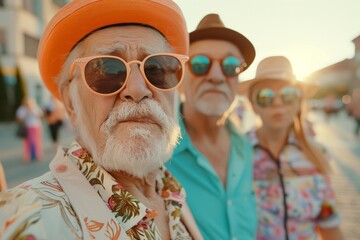 Wall Mural - Portrait of a senior man with his friends in the background.