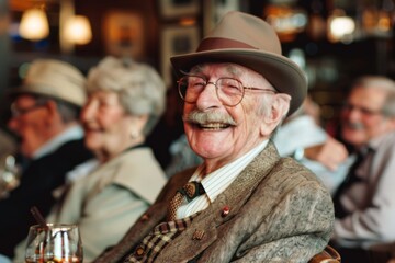 Wall Mural - Elderly man in hat and glasses sitting at table in pub