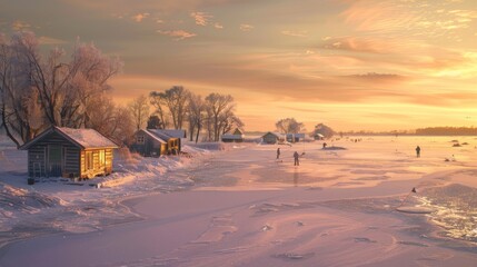 A snowy landscape with a few houses and a lake. The sky is orange and the sun is setting. Winter fishing concept