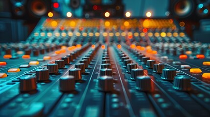Wall Mural - colorful music audio mixing board in closeup of a recording, audio track background in a dark recording, industrial machinery aesthetics, multimedia, selective focus, brightly colored