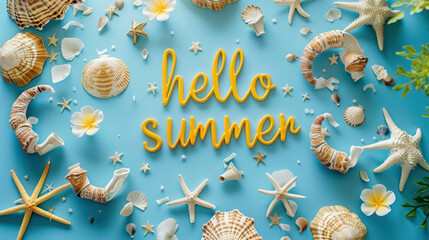 cheerful summer greeting with seashells and starfish on blue background