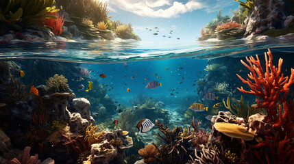 Wall Mural - Vibrant Underwater Coral Reef Scene with Colorful Tropical Fish and Lush Marine Life in Clear Blue Ocean Waters