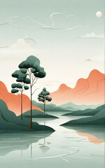 Wall Mural - landscape with trees and water