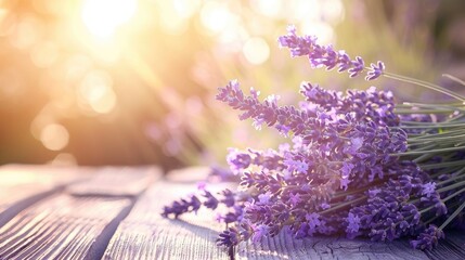 Sticker - Close up of lavender bouquet on wooden surface with sunlight selective focus