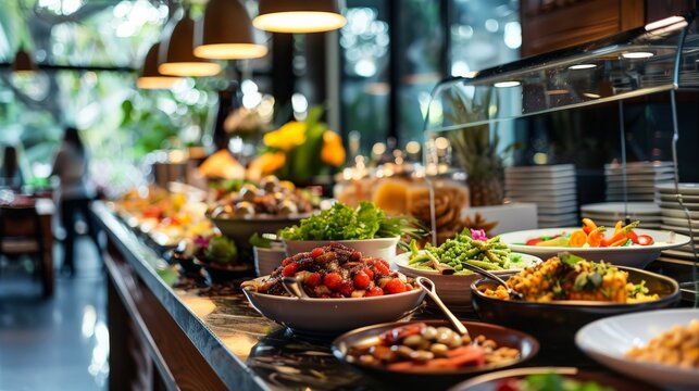 Morning breakfast buffet in a hotel with a variety of international dishes