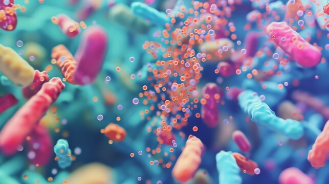 Simulated rendering of cells and bacteria on a microbiotic level, inside a body, immune system biological background