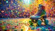 © Caitlin - Vibrant confetti littered floor reflects colorful roller skates, wheels spinning freely, evoking carefree joy and energetic celebration, sans human presence.,hd,8k