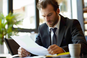 A man in a suit is reading a piece of paper. He is focused and serious.