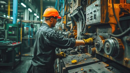 Wall Mural - An engineer in workwear and helmet is operating a machine in a factory, engaged in mass production of composite materials with the use of gas and metal. AIG41