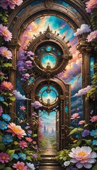 Wall Mural - A steampunk portal in the sky with flowers. 