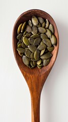 Wall Mural - Wooden spoon with pumpkin seeds on white background, top view. Healthy food concept