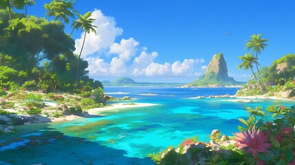 A beautiful beach scene with a blue ocean and palm trees