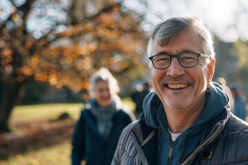 Wall Mural - Senior man with glasses standing in the autumn park and looking at the camera