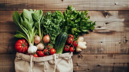 Wall Mural - A bag of leaf vegetables, a natural food ingredient full of nutrients, is placed on a rectangular wooden table in preparation for a healthy recipe AIG50