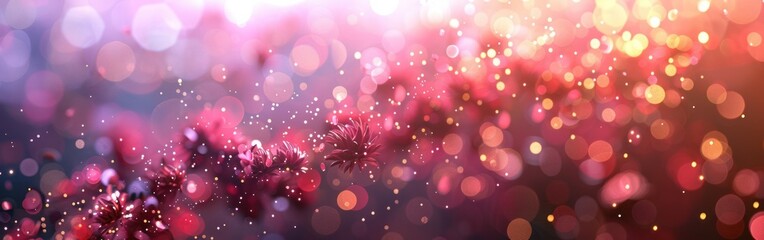 Wall Mural - New Year Party Festive Banner with Pink Fireworks and Bokeh Lights on Dark Magenta Sky - Greeting Card Template