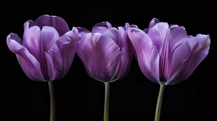 Wall Mural - Beautiful trio of purple Tulips arranged in a line