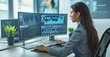 © SHOTPRIME STUDIO - Businesswoman analyzing graphs on dual computer screens at desk in office setting for financial analysis and strategy development
