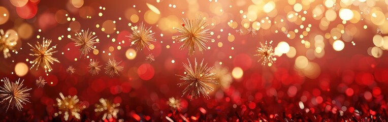 Wall Mural - Festive New Year's Eve Party Background with Golden Fireworks and Bokeh Lights on Red Texture - Greeting Card Design