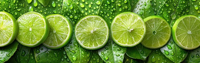 Luscious Lime Slices: Top View Flat Lay Texture Background Banner with Waterdrops and Fruits in a Seamless Pattern for Food Photography