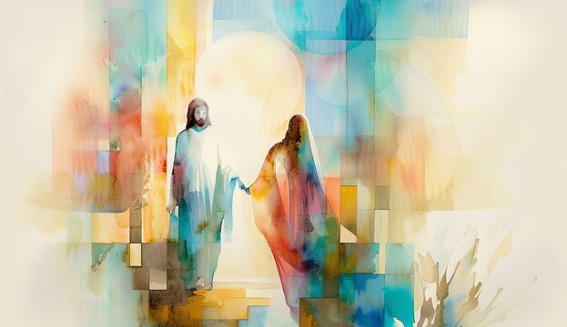 Abstract Watercolor Painting of Two Figures Entering a Bright Light