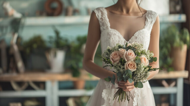 close up of the bride standing with holding a bouquet