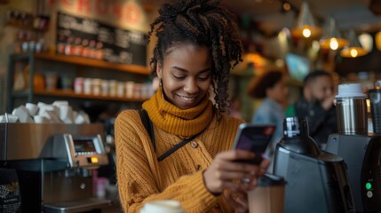 Sticker - A woman in a yellow sweater is smiling as she looks at her cell phone