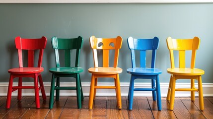 Sticker - Colorful children s chairs arranged on floor with copy space