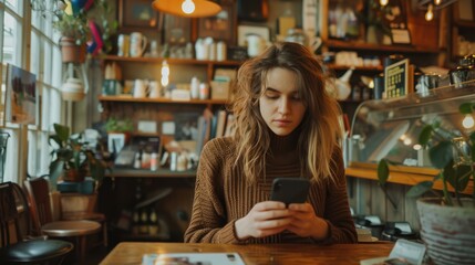 Wall Mural - A woman is sitting at a table in a cafe, looking at her cell phone