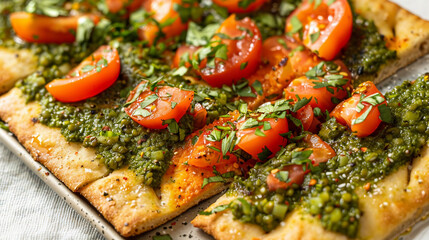 Wall Mural - Vibrant Red Lentil Flatbread topped with Flavorful Roasted Poblano Tomatillo Pesto - Gastronomic Delight Stock Photo