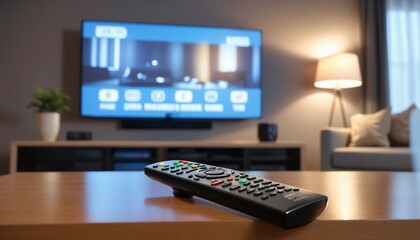the remote control on the coffee table in the living room, the TV blurred in the background