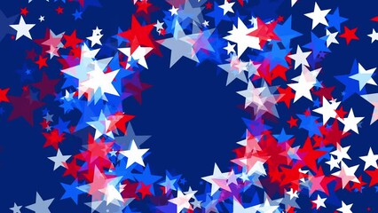 Wall Mural - Red, white, and blue stars spinning in a center circle on blue background for USA celebrations like 4th of July, Memorial Day, Veteran's Day, or other patriotic US American holidays.