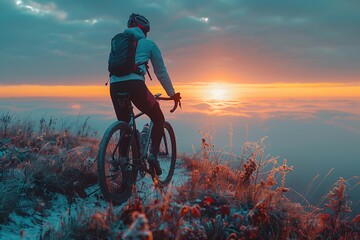 Poster - Cyclist Riding Mountain Bike at Sunset With Foggy View