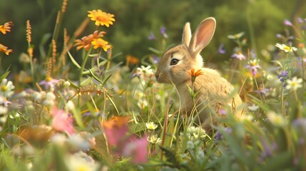 Wall Mural - Little siamese rabbit running on the field in summer. 