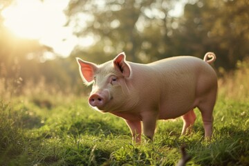 View from side body of a three Hampshire pig standing on grass, Awe-inspiring, Full body shot ::2 Side Angle View