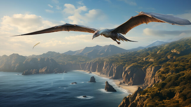Hyper-Realistic Pteranodon Soaring Over Prehistoric Coastline